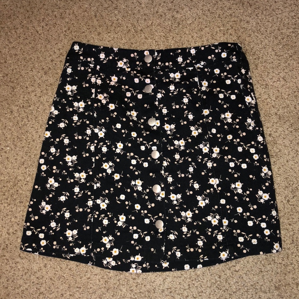 Black floral mini jean skirt